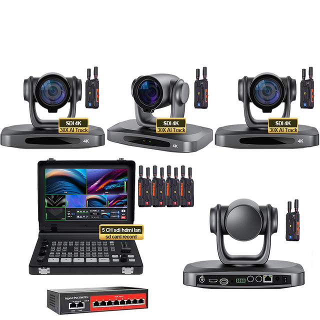 USD3572 Free Ship Wireless Broadcast Camera Kit=4 pcs SDI 4K 30X PTZ Stream Camera AI+Video Switcher+4K Wireless Extender HK830