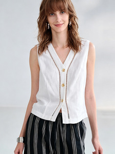 <strong>Women's</strong> <strong>Linen</strong> Blend V-Neck Vest Sleeveless Button-Front Top with Hollow-Out Trim Breathable Summer Layering <strong>Waistcoat</strong> - Product Image 1