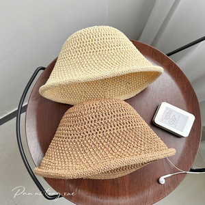 Chapeau Bob Femme en Coton Tricoté Creux Brodé à la Main et Gaufré, Couleur Unie, Décontracté, Respirant, Protection Solaire, Printemps - Product Image 3