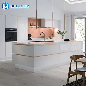 Personalizado cascada europea sin mango brillante de alto brillo Mdf Pvc laca gabinetes blancos conjunto moderno gabinete de cocina para los clientes