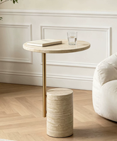 Table basse en marbre travertin naturel beige poli, design simple et rond, en acier inoxydable, pour la décoration de la maison