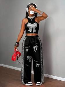 Y2207 пикантный костюм для девушек хип-хоп спортивный уличный жилет с принтом повседневный комплект с широкими штанинами - Product Image 5