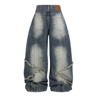 Jean baggy bleu YUANBOFEI vintage à ourlet brut et motif ligné, jean large pour homme avec surpiqûres contrastées pour le streetwear