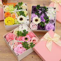 Boîte de fleurs artificielles en savon AM-SPB07 Ammy, roses préservées pour mariage, cadeaux de Noël, boîte cadeau carrée en savon rose