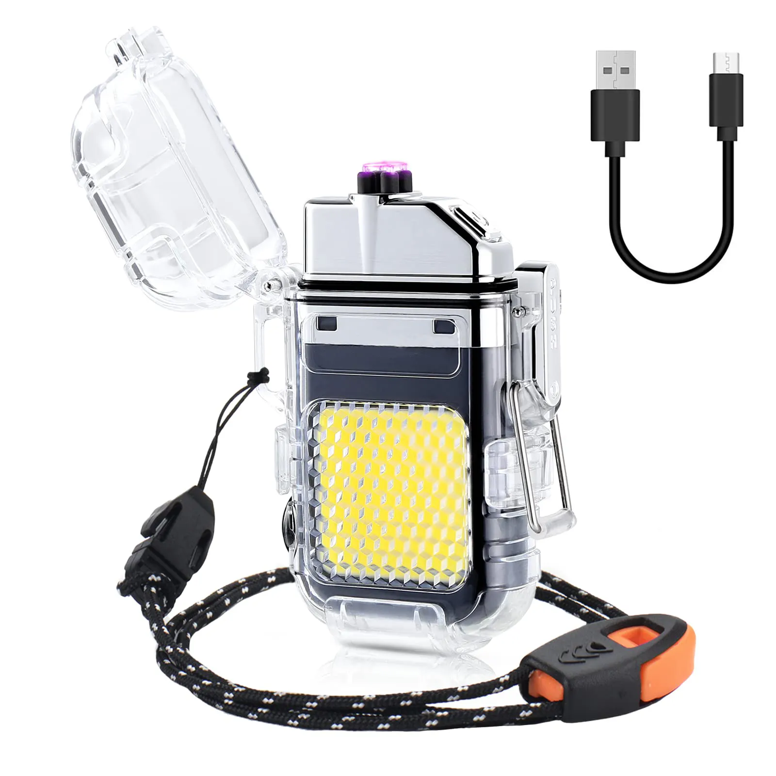 Lampe torche à Led sans flamme pour l'extérieur, le camping, étanche au vent, USB électrique, double arc, lampe de poche avec lampe COB