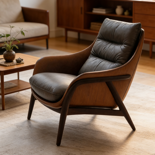 Two-Tone Leather Accent Chair: Solid Wood Frame Plush Lounge Seat for Living Room