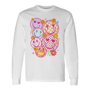 T-Shirt Unisex a Maniche Lunghe con Motivo a Quadri e Faccina Felice Retrò, Stampa Digitale Promozionale per Adulti - Product Image 1