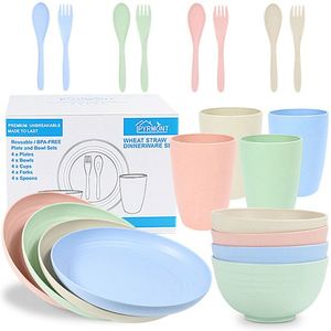 Vaisselle 100% biodégradable, 20 pièces, ensemble de couverts et de bols en paille de blé colorés, vaisselle pour adultes, assiettes - Product Image 1