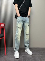 Jeans en denim déchiré à jambes larges, style rétro hip-hop, taille mi-haute, en polyester, pour hommes, haute qualité.