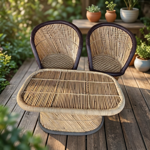 Customized Design Handmade Bamboo Wood Cane <b>Table</b> <b>Stools</b> Leather Upholstery Modern Japanese Design Comfortable Bedroom Entry - Product Image 1