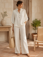 Ensemble deux pièces décontracté Joydressing pour femme : haut à col montant ivoire et pantalon large – Tenue de villégiature