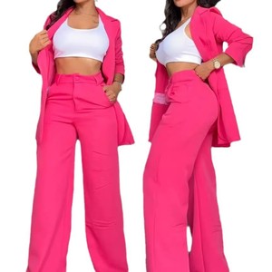 Setelan bisnis wanita, Blazer dua potong kerah V pola Solid kain rajut kantor panjang gaya wanita kancing pas badan reguler - Product Image 2