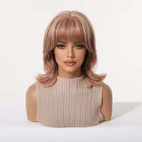 Perruque Ombrée Rose Marron Coupe Wolf Cut 12 Pouces avec Frange - Perruque Courte Synthétique Résistante à la Chaleur pour Femmes