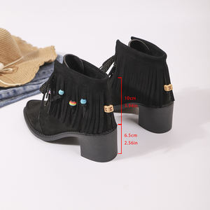 <span class=keywords><strong>Botines</strong></span> negros bohemios chic para mujer con flecos de gamuza sintética cuentas coloridas abalorio de madera con tacón grueso - Product Image 6