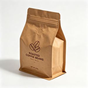 Sacs à café kraft personnalisés, fond plat, emballage autoportant, fermeture éclair refermable, valve pour le stockage des grains de café - Product Image 1