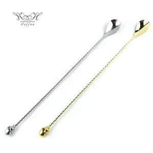 33cm Length Skull Decoration Twisted Handle Cocktail Bar Mixing Spoon Customized Skull Cocktail Stirrer Spoons