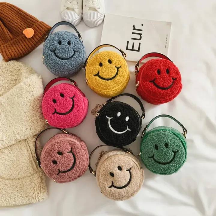 Hot Selling Cartoon Schattige Pluche Smiley Patroon Mini Messenger Bag Mode Kids Designer Handtassen Meisje Schouder Crossbody Tas