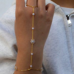 <span class=keywords><strong>Bracciale</strong></span> a catena con anello da dito in acciaio inossidabile placcato oro 18 carati, stile boho con perline e fiore, <span class=keywords><strong>bracciale</strong></span> con manico dorato - Product Image 3