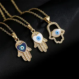 Wholesale 18K Gold Plated Hart Brass Colorful Crystal Palm Necklace Heart Pendant Charm Choker Evil Eye Necklace