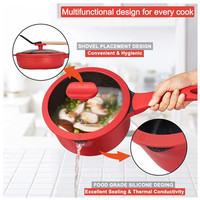 Ensemble de cuisine classique en granit rouge antiadhésif de 16 pièces, casseroles et poêles en aluminium moulé sous pression écologiques, couvercles en verre à induction