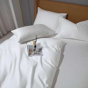 Set Copripiumino <span class=keywords><strong>Matrimoniale</strong></span> Bianco 100% Cotone per Hotel, Lenzuolo Piatto/con Angoli, Federe, 4 Pezzi, Tessuto Liscio Semplice Certificato OEKO-TEX - Product Image 3