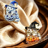 Bros Kucing Halloween Berhias Berlian Imitasi Enamel, Pola Porselen Biru, Lencana Logam, Pin Dekorasi Pakaian