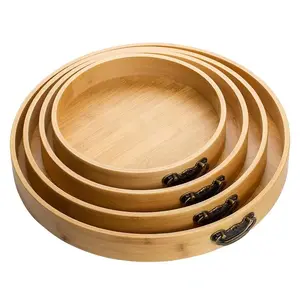 ハンドル皿とプレート付きの竹製ラウンドティー & コーヒーサービングトレイ