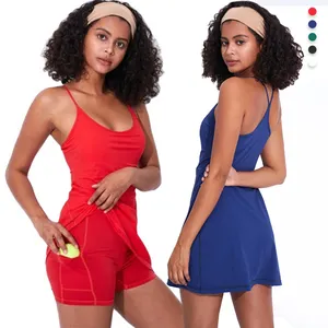 ORT052 Women's 2 in 1 Stretchy Skirt WIth Inside Pocket Workout Set Built-in Bra&Shorts Backless Women Padded Tennis Dress