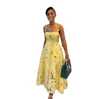 Robe midi évasée à bretelles spaghetti pour femme, imprimé floral, appliques papillon, boutonnée devant