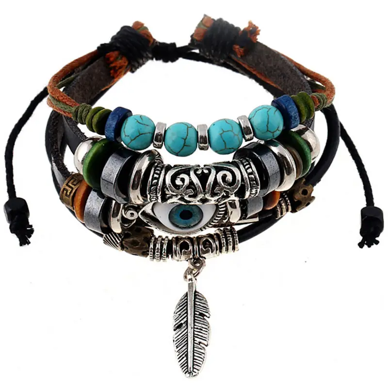 Wooden Beads Turquoise Gemstone Adjustable Leather Bracelets Wholesale Eye Feather Multi Layer Leather Bracelet