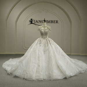 Vestido de Novia Moderno GT26018 con Manga Corta, Borlas, Estilo Imperio, con Chal, Largo hasta el Suelo, con Flores de Encaje y Cristales - Product Image 1