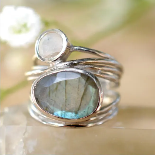 Vintage Jewelry Multilayer Labradorite Gemstone 14K Gold Plated Finger Ring In 925 Sterling Silver For Women Anniversary Gift