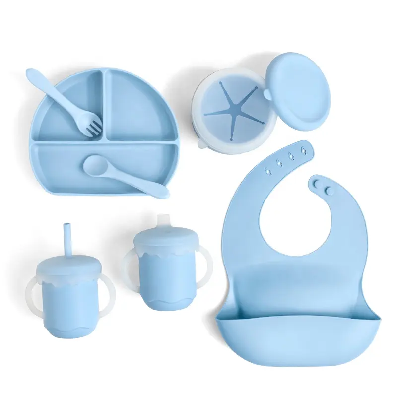 사용자 정의 9 조각 10 개 블루 그린 크리스마스 스퀘어 음식 수유 그릇 턱받이 선물 세트 시피 컵과 실리콘 아기 수유 세트