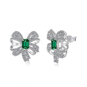 Dylam Luxurious Women 925 Sterling Silver Rhodium Plated <b>Emerald</b> Diamond 5A Green Cubic Zirconia Bow Knot <b>Stud</b> Earrings - Product Image 1