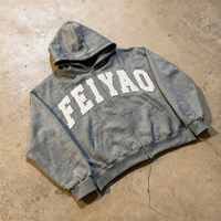 Pabrik OEM ODM Custom Cetak Logo DTG Hoodie Pria Beritsleting Grafis Oversize dengan Cetakan Hitam Hoodie Dicuci untuk Pria