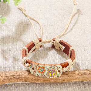Pulsera Retro de gran oferta, de estilo étnico parche de transferencia de calor, símbolo de la paz, color de tótem, pulsera de cuero genuino para hombres y mujeres - Product Image 3
