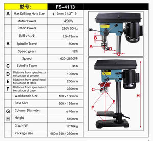 Minimáquina perforadora eléctrica multifuncional, taladro de banco, prensa, <span class=keywords><strong>FS</strong></span>-4113, 450W - Product Image 3