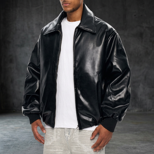 Men's Black Genuine Leather Breathable Eco-Friendly Bomber Jacket Solid Color Zipper Closure <b>Turn</b>-down Collar Moto Biker Style - Product Image 2