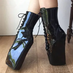 महिलाओं की हाई हील्स ब्लैक शफीन बैले जूते के टखने से महिला विदेशी नर्तक के जूते