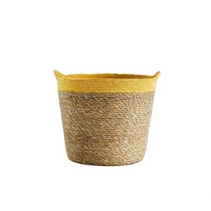 Panier de rangement en jonc de mer tressé à la main, écologique, avec bordure jaune, pour la décoration du salon, panier à linge, organiseur - Product Image 1