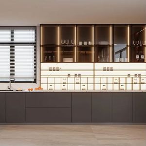 Meuble de cuisine contemporain en bois laqué, armoire de cuisine en contreplaqué, rangement pour cuisine d'appartement - Product Image 1
