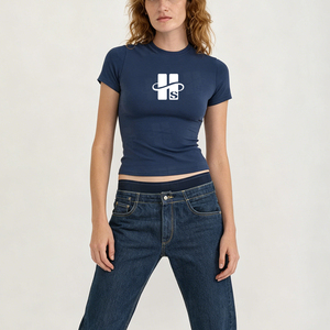 Wholesale Solid Color Casual Cotton Jersey Fabric T Shirt Custom High Quality Logo Workout Crew Neck Women Slim Fit Crop <b>Top</b> - Product Image 3