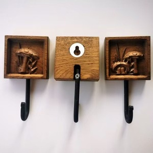 Solid <b>Wood</b> Wall <b>Hook</b> Mushroom Design Square Shape <b>Coat</b> And Cap Holder Nordic Style No Drilling Required - Product Image 2
