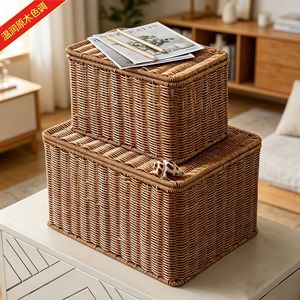 Caja de almacenamiento tejida de estilo nórdico, rectangular, imitación ratán, con tapa, organizador doméstico para almacenamiento de ropa en el dormitorio - Product Image 5