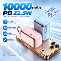 Batterie externe portable mini 10000 mAh avec charge rapide PD 22,5 W, câble Type-C rétractable et écran numérique pour smartphones