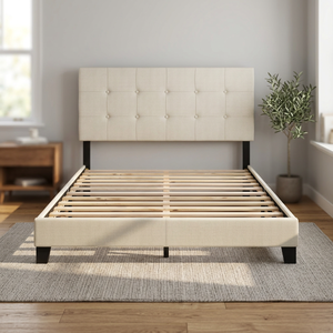 Cadre de lit rembourré moderne avec tête de lit en similicuir et sommier à lattes en bois de pin, design de lit confortable - Product Image 3