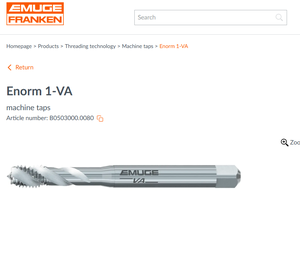 Tarauds allemands <span class=keywords><strong>EMUGE</strong></span> haute performance pour usinage CNC, <span class=keywords><strong>taraud</strong></span> métrique M8x1.25, 3 cannelures, modèle diamètre 8 mm - Product Image 2