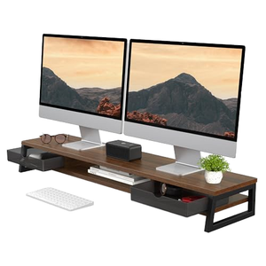 <b>Adjustable</b> Foldable Extendable Wooden <b>Monitor</b> <b>Stand</b> with- Drawer for 2 <b>Monitors</b> 2-Tier Riser Desk Shelf - Product Image 1
