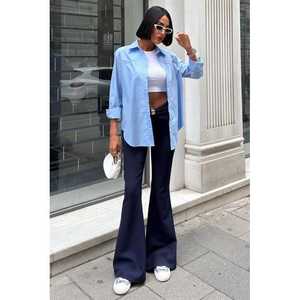 Pantalones de mujer acampanados con detalle de hebilla fruncida, cintura alta, azul marino, transpirables - Product Image 2