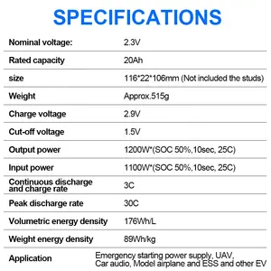 Prismatische 2.3V Batterie Cel Scib Lto Batterij 23V 2.3V 2.4V 40ah 23ah 20ah Lithiumbatterij Met 30c Ontlading